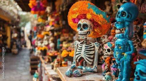 A lively scene of de los Muertos celebrations in San Miguel De Allende, featuring colorful sugar skeletons and decorations, embodying the spirit of remembrance and festivity