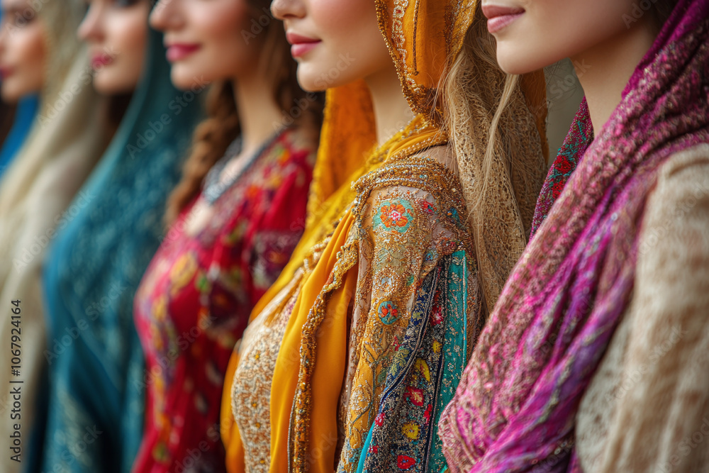 a group of women in traditional attire from different cultures standing together. a group of women in traditional attire from different cultures standing together.