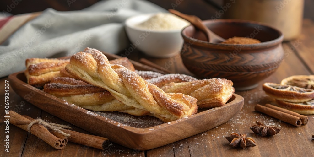 Golden Brown Pastries Sprinkled with Powdered Sugar, Nestled in a Wooden Bowl on a Rustic Wooden Table, Decorated with Cinnamon Sticks and Star Anise Golden Brown Pastries Sprinkled with Powdered Sugar, Nestled in a Wooden Bowl on a Rustic Wooden Table, Decorated with Cinnamon Sticks and Star Anise