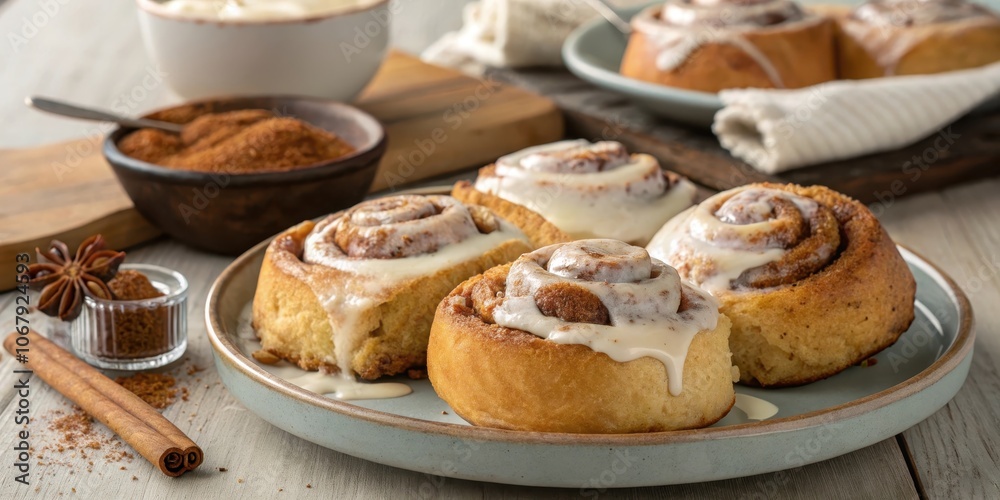 Freshly baked cinnamon rolls with a creamy glaze, sprinkled with cinnamon and star anise, a sweet treat for any occasion. Freshly baked cinnamon rolls with a creamy glaze, sprinkled with cinnamon and star anise, a sweet treat for any occasion.
