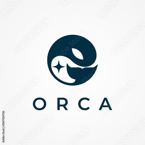 Orca Logo Design, minimalist orca with star inside, flat design logo template element, vector illustration