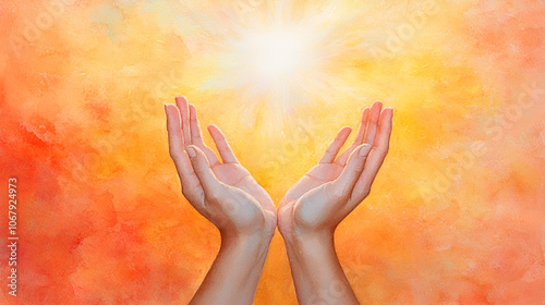 Hands cupped in a prayerful gesture bathed in the warm glowing light of the sun This watercolor paiinting conveys a sense of faith hope and spiritual devotion with an earthy soothing color palette photo