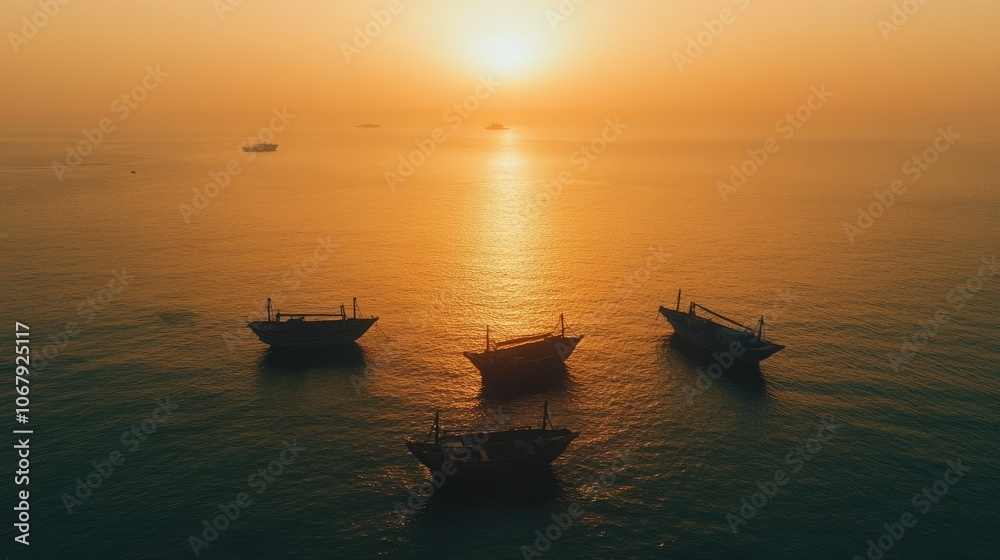 Tranquil Sunset Over Silhouetted Fishing Boats Tranquil Sunset Over Silhouetted Fishing Boats