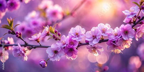 Delicate pink blossoms bathed in the warm glow of a setting sun, their petals unfurling with the promise of a new season