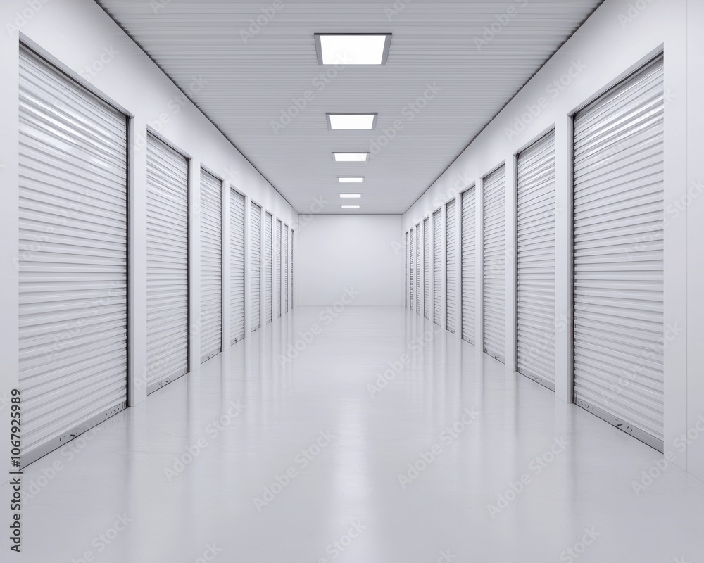 A clean, modern hallway lined with storage unit doors, illuminated by bright ceiling lights, creating an organized and spacious environment. A clean, modern hallway lined with storage unit doors, illuminated by bright ceiling lights, creating an organized and spacious environment.