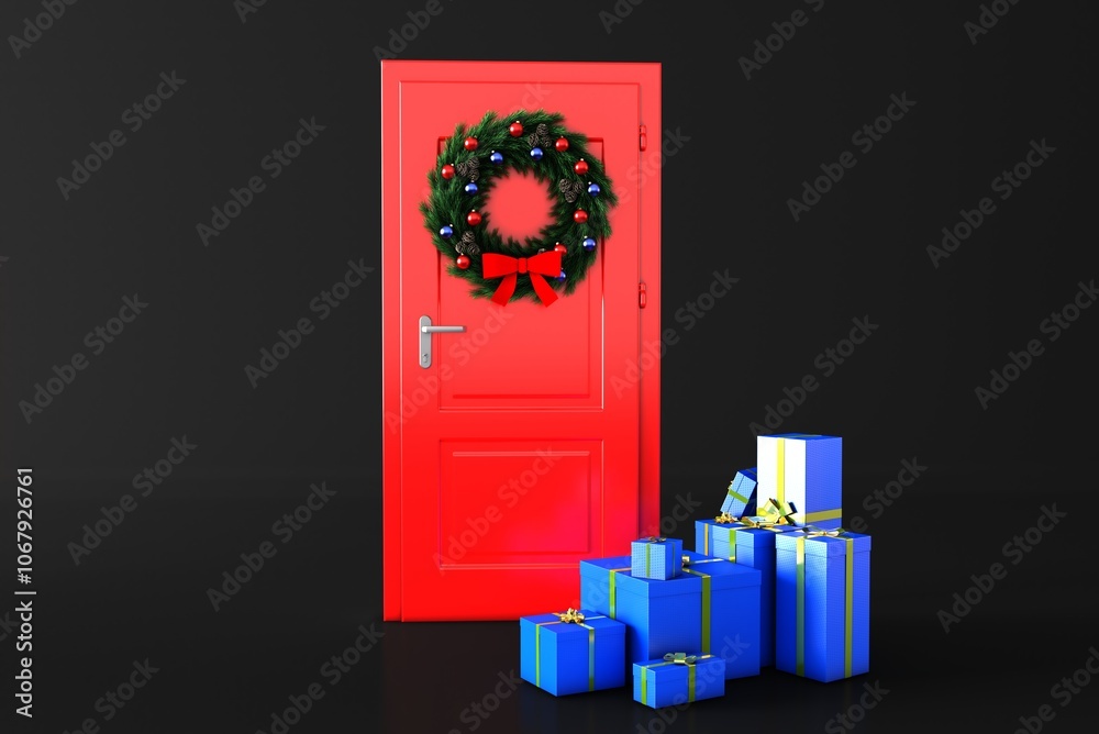 Obraz premium Festive Christmas wreath made of fir branches on a red door. There are gift packages by the door. Festive atmosphere.