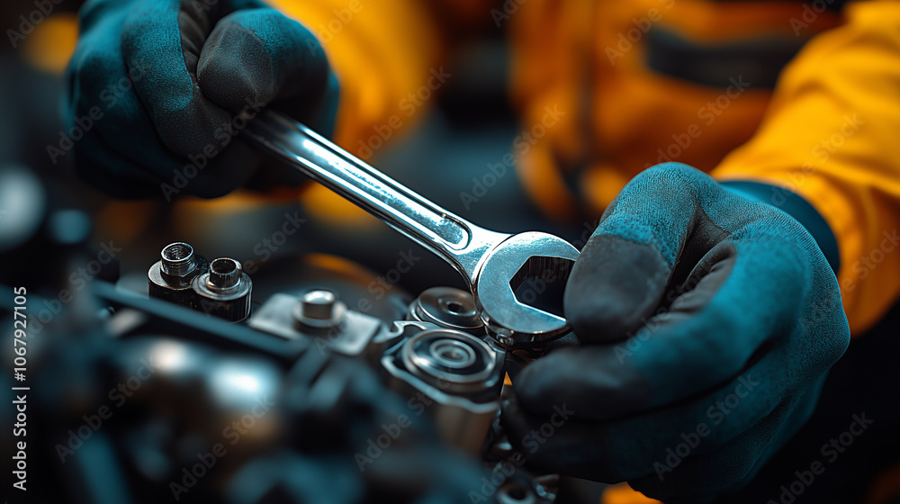 Close-up of a mechanic's hands holding a wrench, adjusting parts on a engine in a garage setting. Close-up of a mechanic's hands holding a wrench, adjusting parts on a engine in a garage setting.