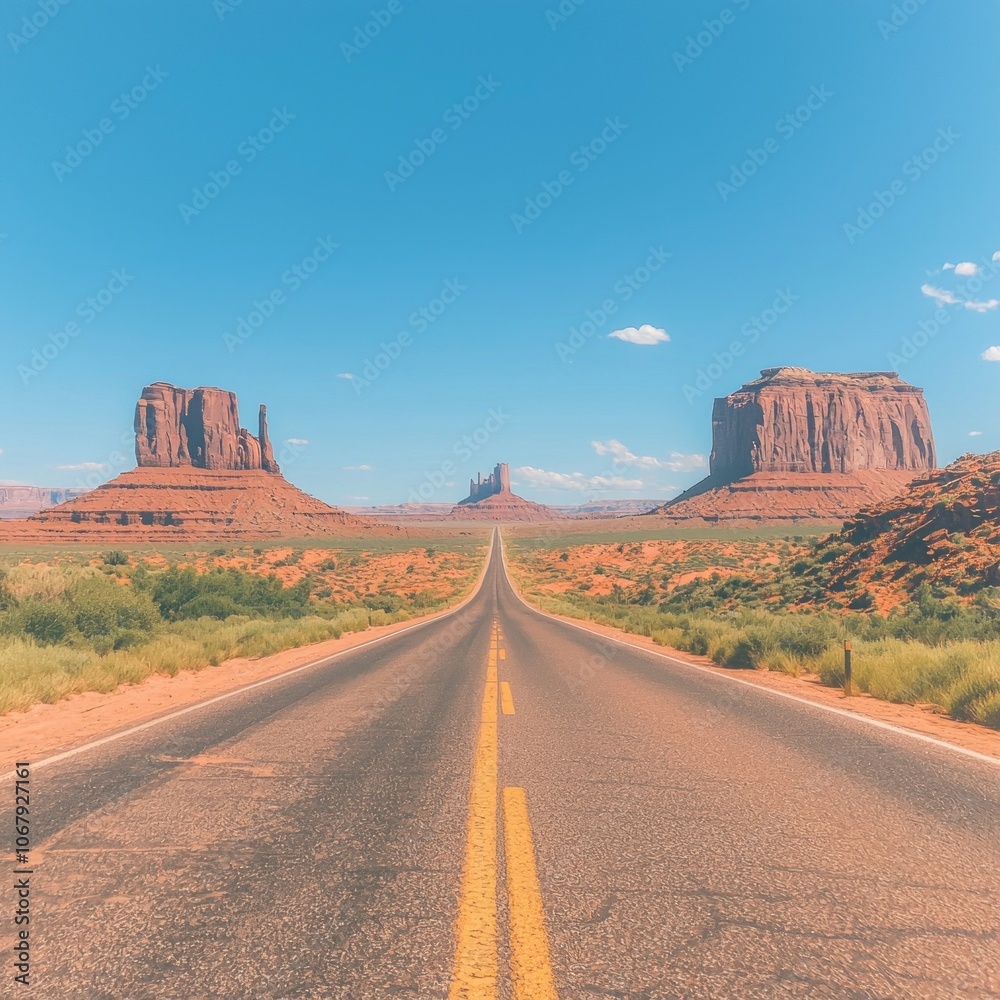 Fototapeta premium A scenic highway leading to iconic rock formations under a clear blue sky.