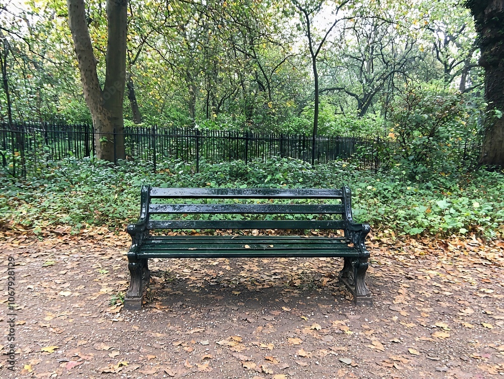 A green park bench surrounded by autumn leaves and trees in a tranquil setting. A green park bench surrounded by autumn leaves and trees in a tranquil setting.