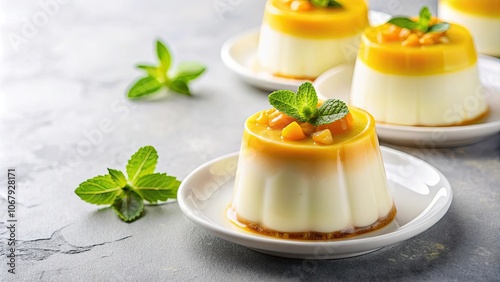 Panna cotta Italian dessert with mango and passion fruit on a light background, Panna cotta, Italian dessert, mango