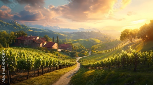 Picturesque Winery Landscape with Vineyard Rows at Sunset