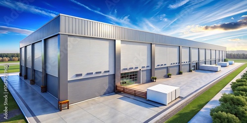 Aerial View of a Modern Factory Warehouse with Automatic Shutter Doors and Aluminium Corrugated Metal Walls Set Against a Clear Blue Sky, Showcasing Industrial Architecture and Design photo