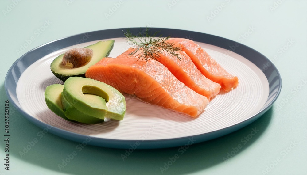 A plate of avocado and salmon slices A plate of avocado and salmon slices