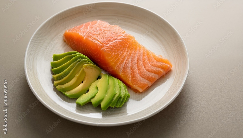 A plate of avocado and salmon slices A plate of avocado and salmon slices