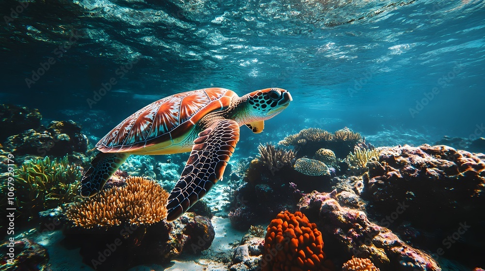 Fototapeta premium A sea turtle swimming through vibrant coral reefs