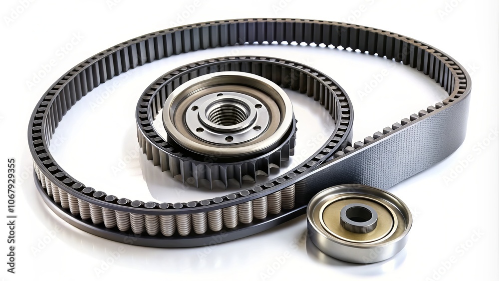 Aerial View of Roller and Timing Belt Isolated on White Background for Technical and Industrial Illustrations, Perfect for Engineering and Mechanical Design Concepts Aerial View of Roller and Timing Belt Isolated on White Background for Technical and Industrial Illustrations, Perfect for Engineering and Mechanical Design Concepts