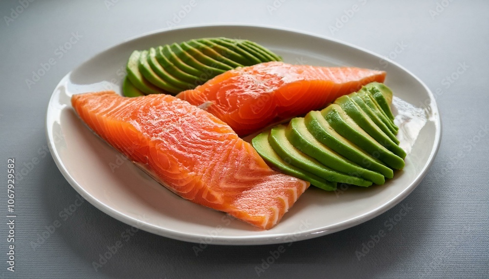 A plate of avocado and salmon slices A plate of avocado and salmon slices