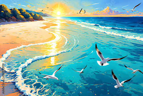 waves on the sea, beach with a boat, tropical island with palm trees, sunset over the sea
