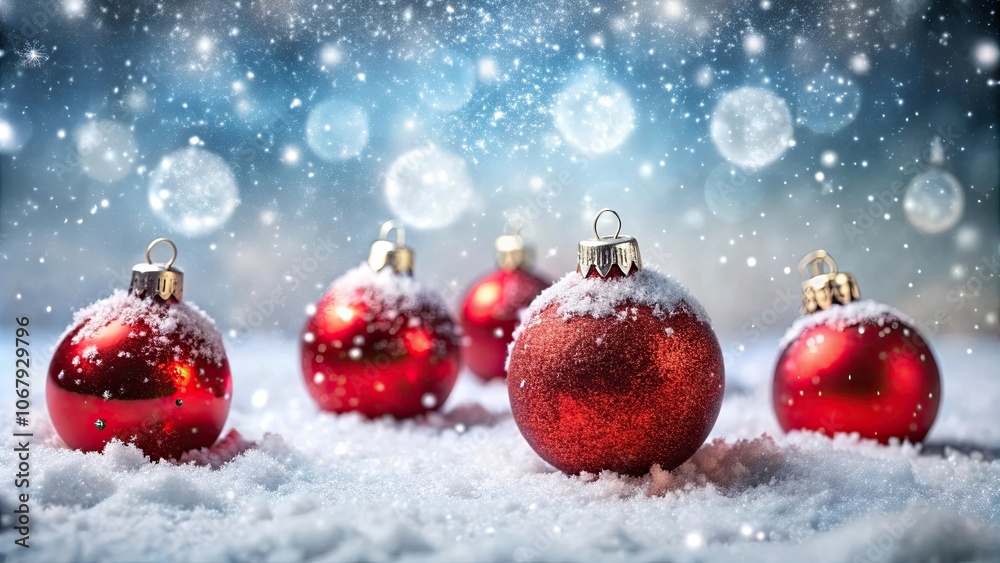 Red christmas baubles in snowy landscape with falling snowflakes background, Christmas, baubles, ornaments, snow, winter Red christmas baubles in snowy landscape with falling snowflakes background, Christmas, baubles, ornaments, snow, winter