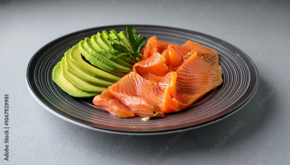 A plate of avocado and salmon slices A plate of avocado and salmon slices