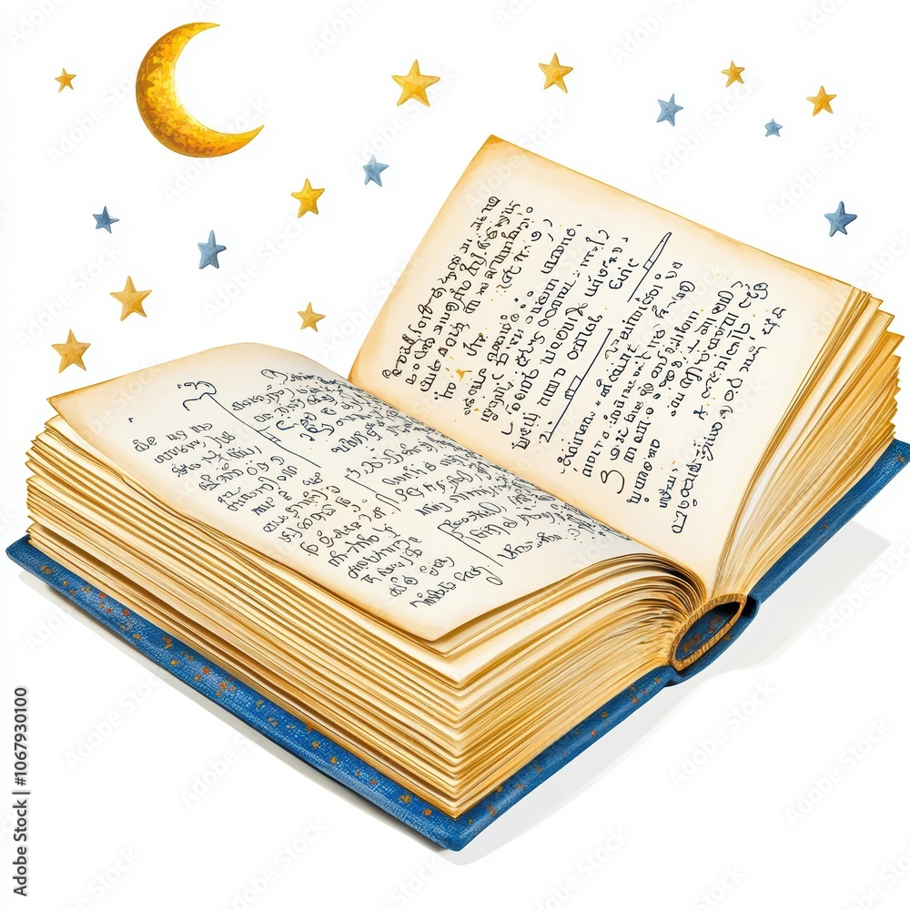 Obraz premium Open Book of Poetry with Floating Verses and Stars