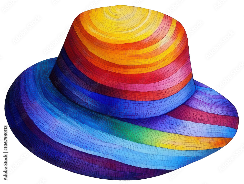 A vibrant, multicolored striped hat with a wide brim, showcasing a spectrum of colors against a transparent background. A vibrant, multicolored striped hat with a wide brim, showcasing a spectrum of colors against a transparent background.