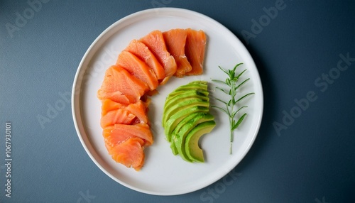 A plate of avocado and salmon slices