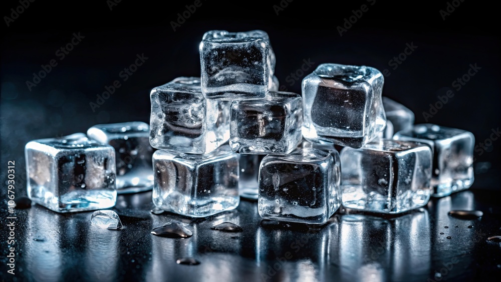 Ice cubes on dark black background, ice, cold, frozen, chilling, winter, frosty, cubes,reflection Ice cubes on dark black background, ice, cold, frozen, chilling, winter, frosty, cubes,reflection