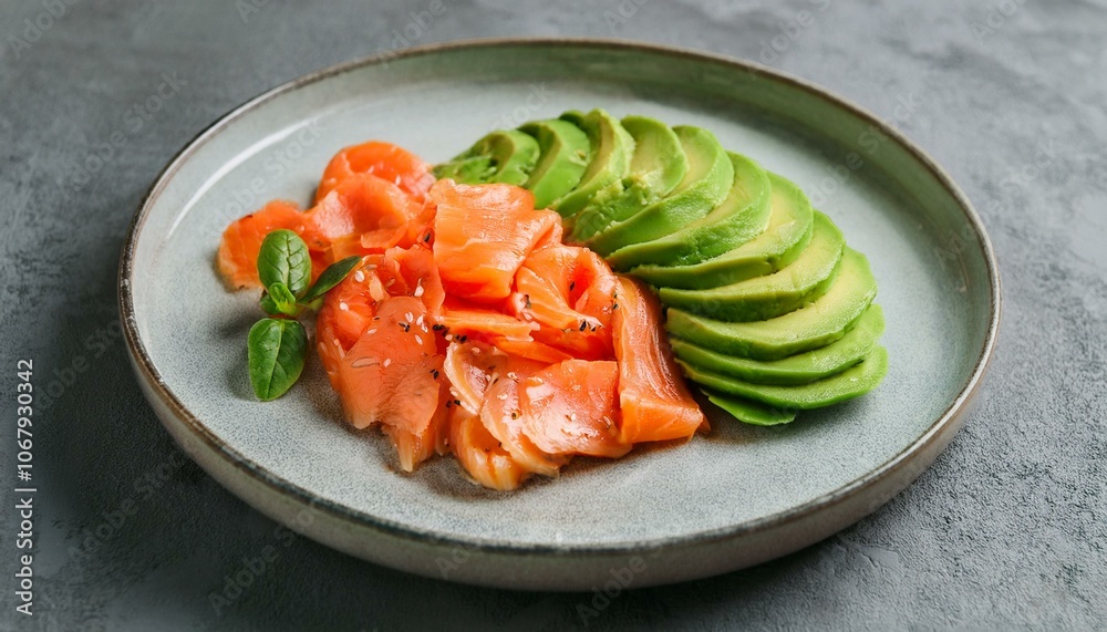 A plate of avocado and salmon slices