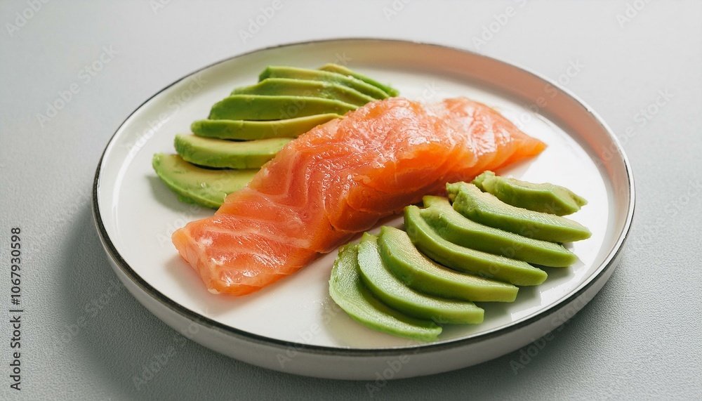 A plate of avocado and salmon slices A plate of avocado and salmon slices