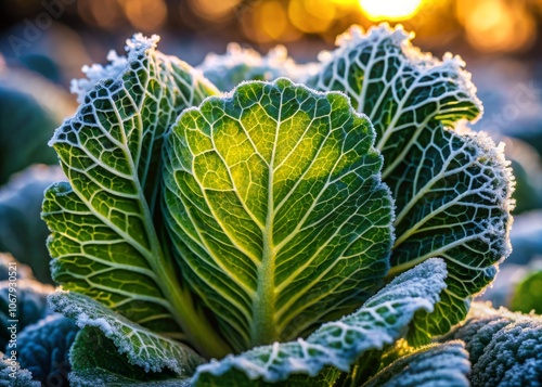 Captivating Autumn Frost on a Green Cabbage Leaf, Showcasing Nature's Beauty in Early Morning Light with Intricate Ice Crystals and Vivid Colors for Seasonal Inspiration