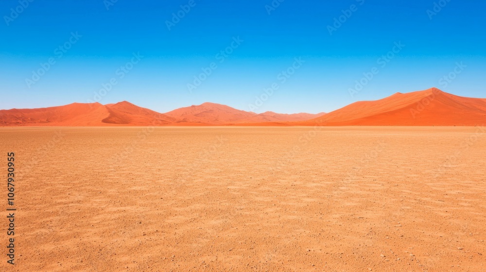 Vast desert landscape with orange sand dunes under a clear blue sky. Vast desert landscape with orange sand dunes under a clear blue sky.