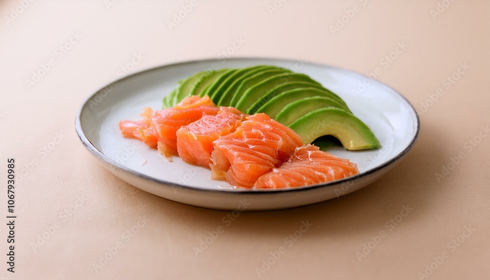 A plate of avocado and salmon slices A plate of avocado and salmon slices