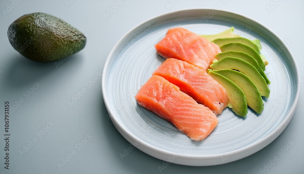 A plate of avocado and salmon slices A plate of avocado and salmon slices