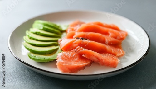 A plate of avocado and salmon slices