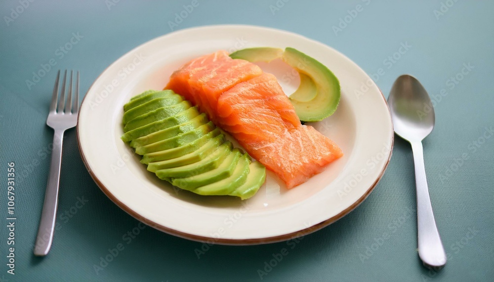 A plate of avocado and salmon slices A plate of avocado and salmon slices
