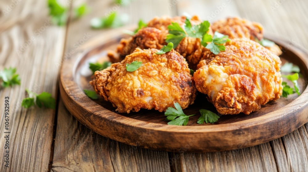 Crispy Fried Chicken on Rustic Wooden Plate Crispy Fried Chicken on Rustic Wooden Plate