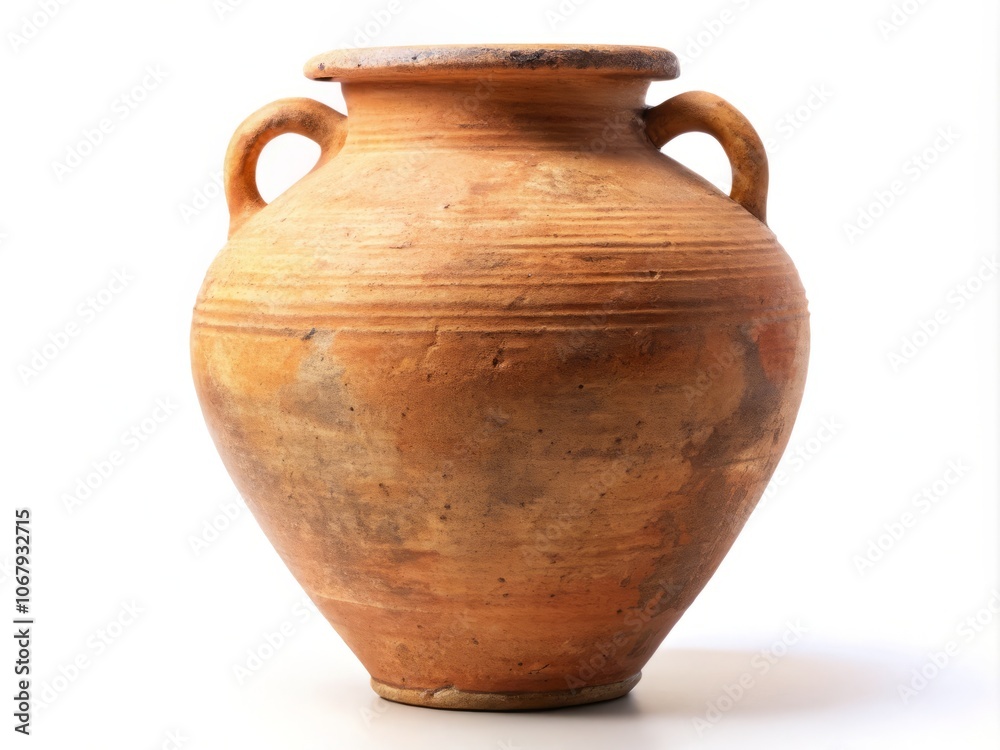 Closeup of a Raw Simple Clay Pot Isolated on a White Background, Showcasing the Unique Texture and Form of the Clay Amphora for Product Photography and Artistic Purposes Closeup of a Raw Simple Clay Pot Isolated on a White Background, Showcasing the Unique Texture and Form of the Clay Amphora for Product Photography and Artistic Purposes