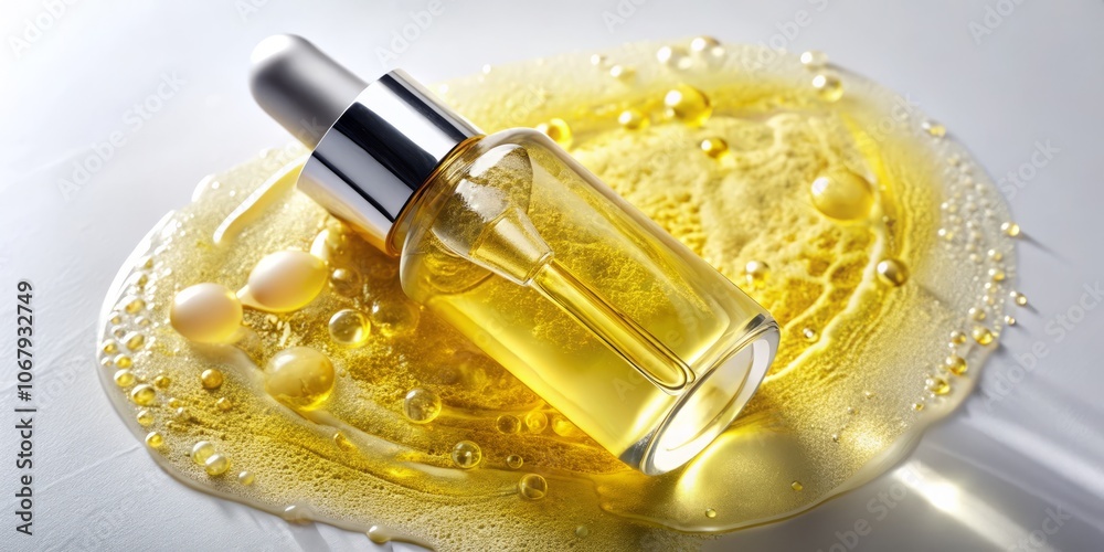 Closeup of a Yellow Serum Essence in a Glass Bottle Isolated on a White Background, Perfect for Skincare Oil Promotions and Marketing, Highlighting the Natural and Radiant Qualities of Beauty Products Closeup of a Yellow Serum Essence in a Glass Bottle Isolated on a White Background, Perfect for Skincare Oil Promotions and Marketing, Highlighting the Natural and Radiant Qualities of Beauty Products