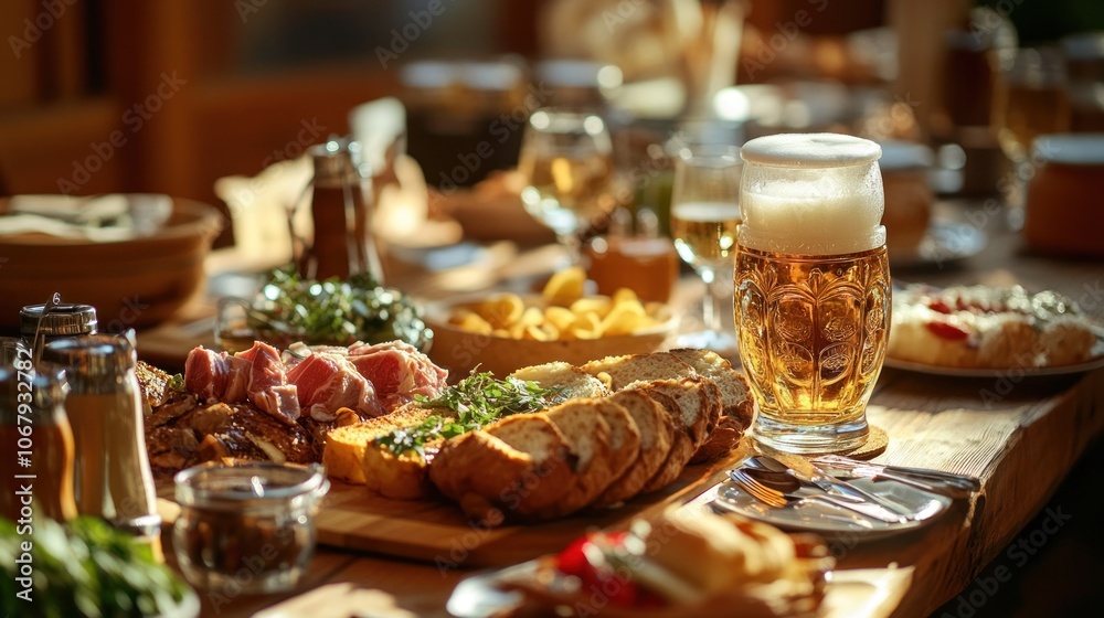 A table full of food and drink, including a large glass of beer, bread, chips, meat, and various condiments. A table full of food and drink, including a large glass of beer, bread, chips, meat, and various condiments.