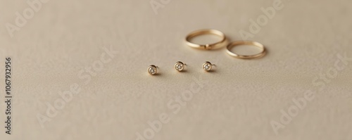 Minimalist jewelry pieces, such as small stud earrings and thin rings, displayed on a neutral background for a refined look