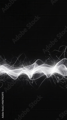 Minimalist sound wave visualization on black background, glowing white lines with dynamic energy, modern design