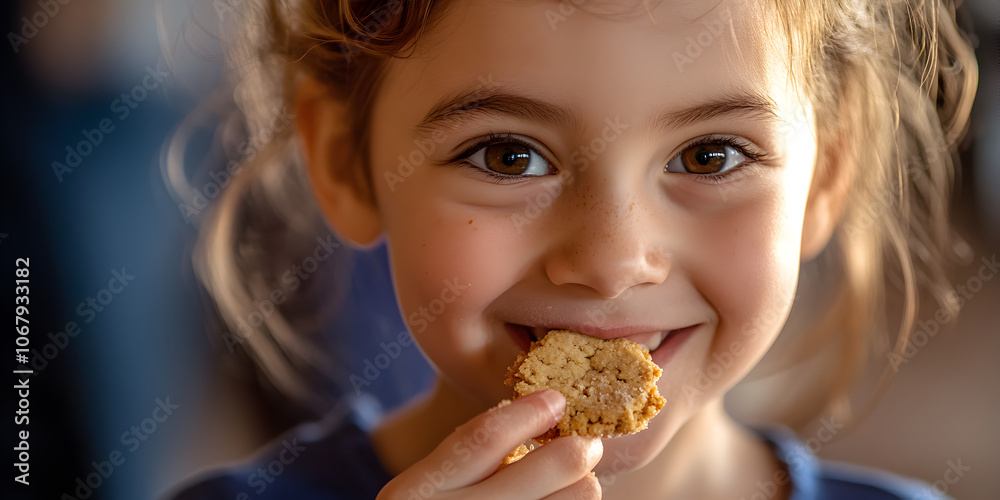 Sweet Treat Delight: A closeup captures a child's pure joy as she savors a delicious cookie, her eyes sparkling with happiness. A heartwarming moment of simple pleasure. Sweet Treat Delight: A closeup captures a child's pure joy as she savors a delicious cookie, her eyes sparkling with happiness. A heartwarming moment of simple pleasure.