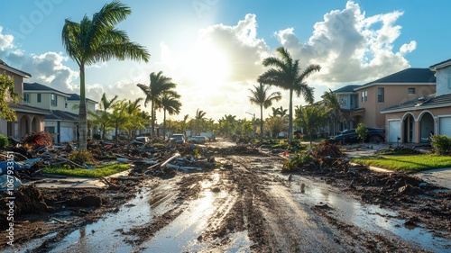 Urban neighborhood posthurricane with debris, fallen palm trees, and muddy roads, sunny but with a somber atmosphere, realistic setting photo