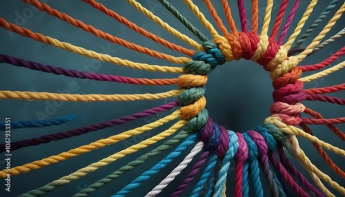 Unity and Strength Concept . Team rope diverse strength connect partnership together teamwork unity communicate support. Strong diverse network rope team concept integrate cooperation empower power.