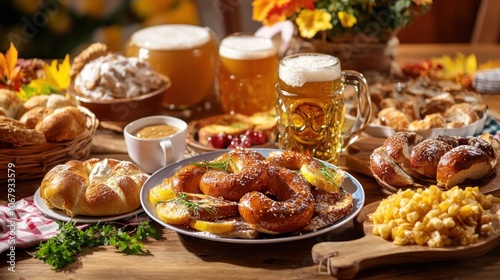 A table full of traditional German food and beer, including pretzels, bread, beer, and cheese.