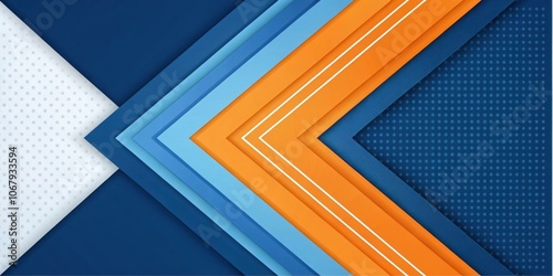 Abstract geometric background with vibrant blue, orange and white hues, featuring overlapping shapes, sharp angles, and a textured dotted pattern