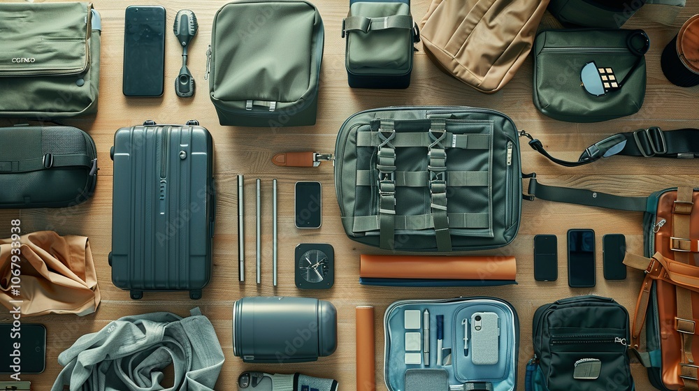 Flatlay of Travel Essentials on Wooden Surface Flatlay of Travel Essentials on Wooden Surface