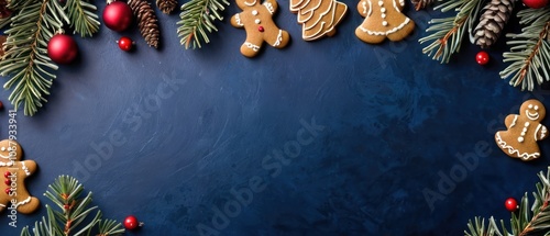 A festive arrangement of gingerbread cookies accompanied by pine branches and colorful Christmas ornaments. The dark background enhances the holiday cheer and seasonal warmth of the composition.