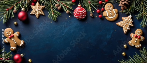 A festive arrangement of gingerbread cookies accompanied by pine branches and colorful Christmas ornaments. The dark background enhances the holiday cheer and seasonal warmth of the composition.